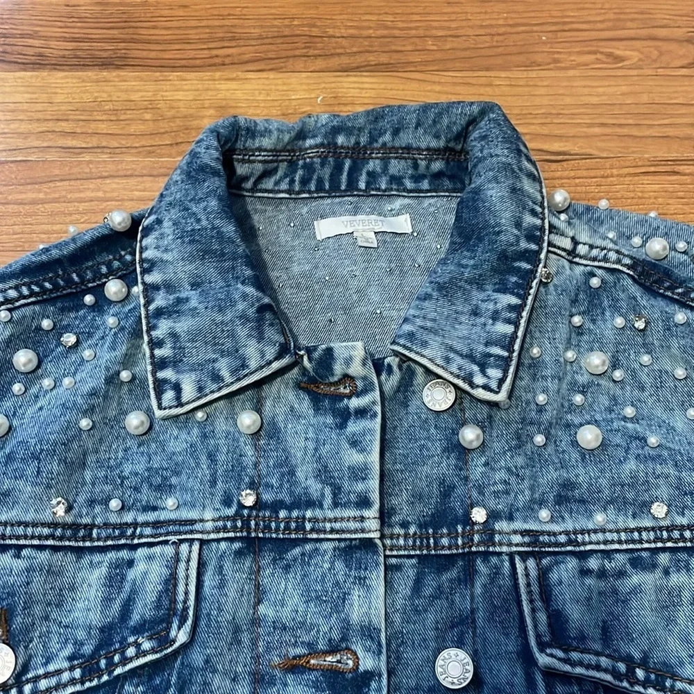 Veveret Pearl Rhinestones Denim Button Down Oversized Jacket Size large - Picture 2 of 10